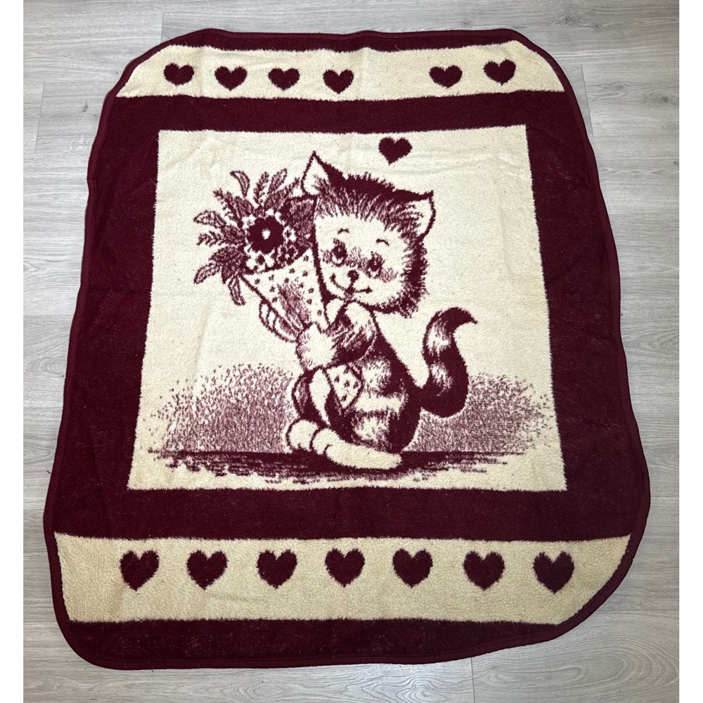 Vintage San Marcos Baby Blanket Reversible Kitten Hearts Burgundy Cream 53"x40"